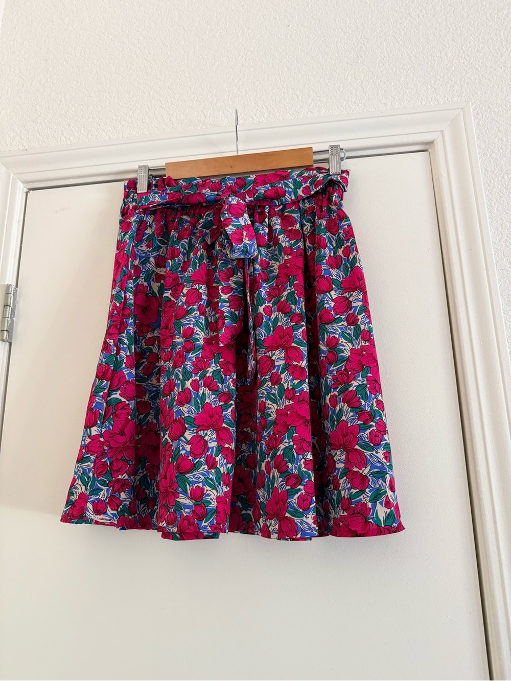 Fuchsia Floral Tie-Waist Skater Skirt